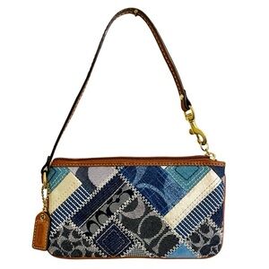 Vintage Coach Signature Y2K Denim Patchwork and Brown Leather Wristlet NWOT